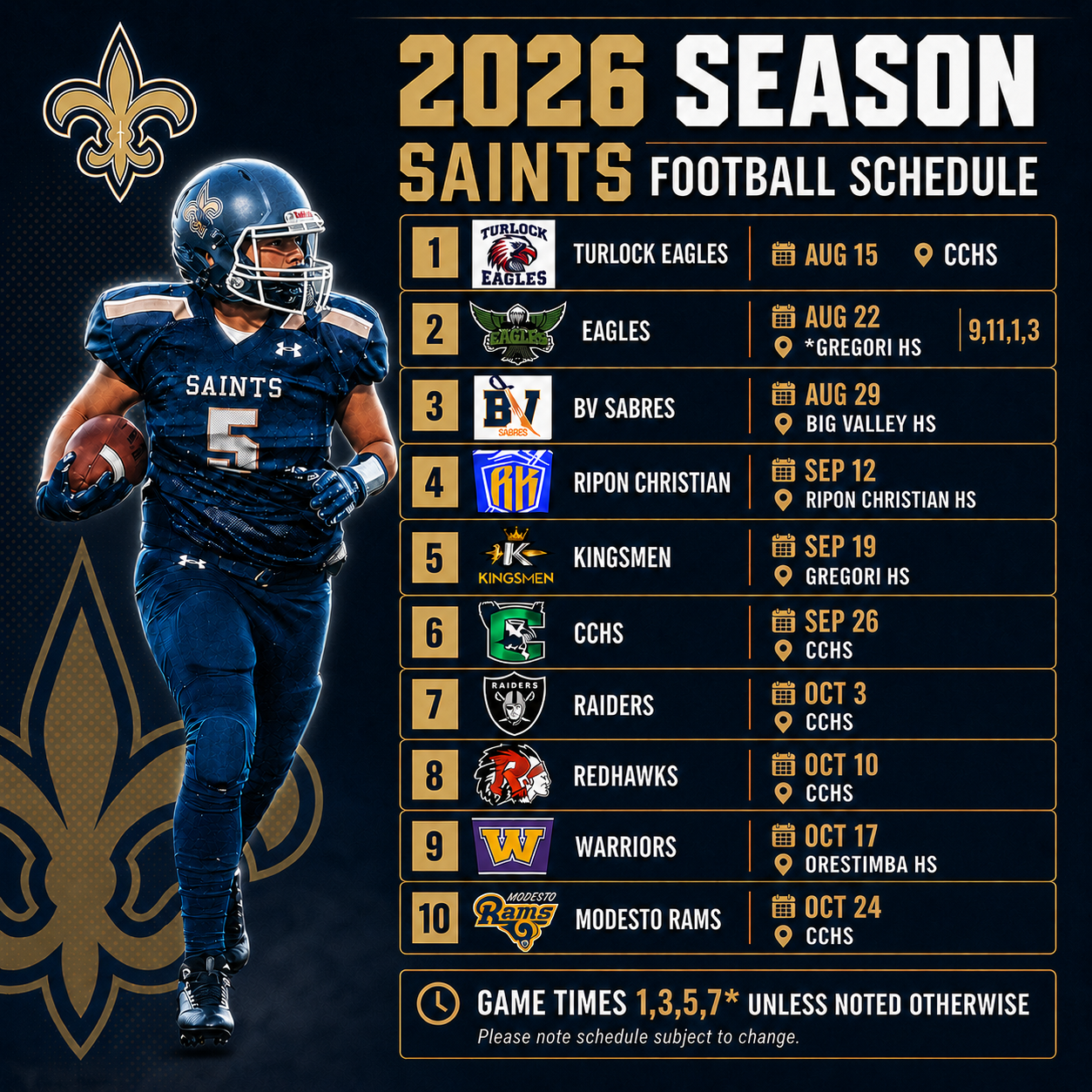 Central Saints 2026 Season Football Schedule — 10 games from August 15 through October 24